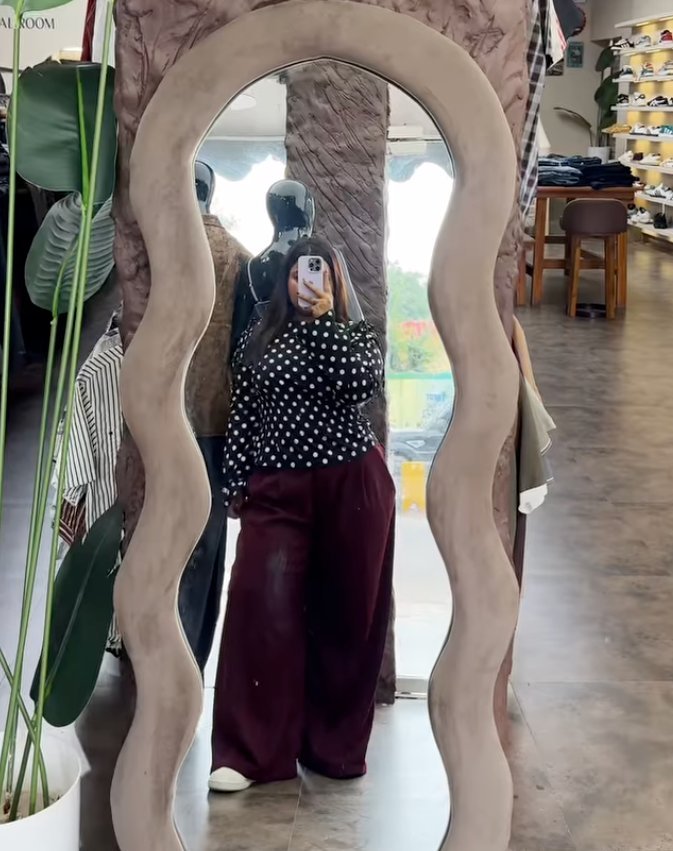 Women’s fashion at D’ Closet Bulandshahr: polka-dot shirt with wine wide-leg trousers